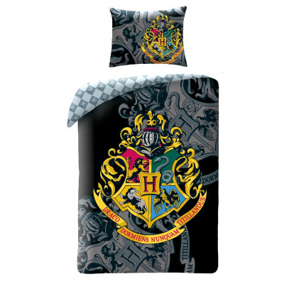 Harry Potter | Posteljina Harry Potter - Hogwarts grb zlatna, crno/siva, pamuk 140x200, 70x90